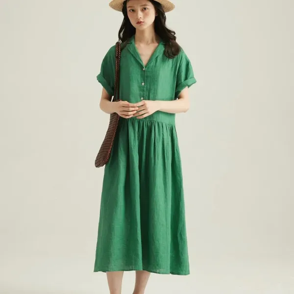 大人の抜け感🌿リネン風テーラードシャツワンピース