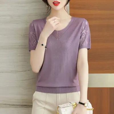 Tシャツ  レース  シルク  ニット  ニットトップス  半袖  ミニ丈  Vネック  夏服  薄  レディース  洗練された