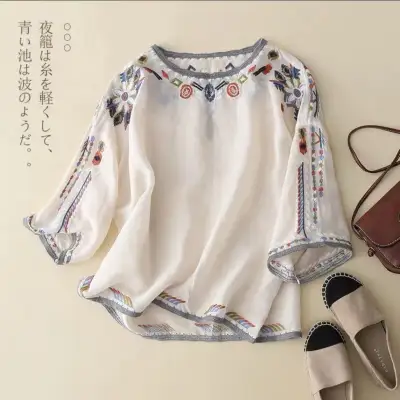 Tシャツ  エスニックスタイル  エスニック  どんなスタイルにも合う  ゆったり  気質  新作  刺繍  ニッチ  大きめサイズ