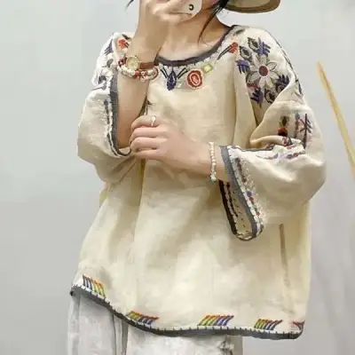 新作  中華風  ゆったり  文芸スタイル  刺繡  9分袖  ラウンドネック  夏  楽天の同款