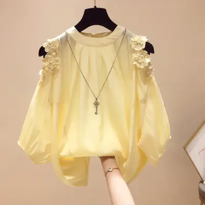 レディース 半袖 ゆったり フラワー オフショルダー シフォン シャツ トップス