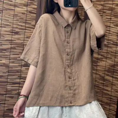 シャツ  シングルブレスト  カジュアル  ベージュ  コットン  半袖  スリムに見える  ゆったり  折り襟  夏服  綿麻  文芸  気質  レディース