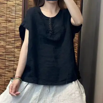 無地  シンプル  カジュアル  ベージュ  コットン  半袖  ゆったり  クルーネック  プルオーバー  夏服  綿麻  文芸  新作  レトロ  レディース  洗練された