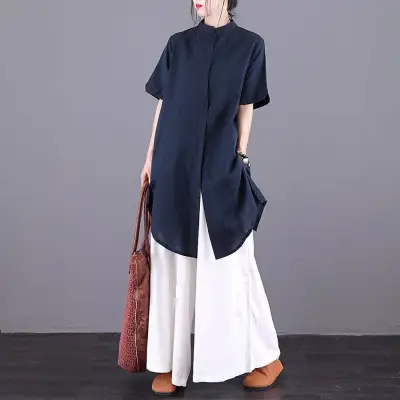 【2点セット】  シャツ  セットアップ  カジュアル  ベージュ  半袖  ゆったり  スタンドネック  リネン  レトロ  レディース