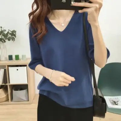 トレンドを先取り♪Vネック切り替え七分袖無地プルオーバーシンプルTシャツブラック黑ホワイト白グレーブルー青グリーンピンクイエローコーディネートカジュアルファッション着回しootd夏コーデ夏服レディース20代30代40代50代