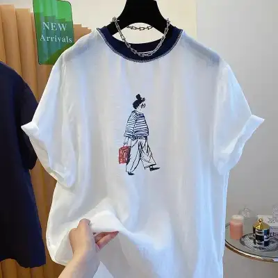 毎日参考になる！ コーディネート自在 休日/外出 プリント ラウンドネック 半袖 ファッション Tシャツ ホワイト 白 ネイビー 大人 ootd 夏コーデ 夏服 レディース ファッション 20代 30代 40代 50代 カジュアル コーディネート トレンド 着回し