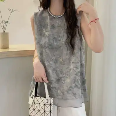 人気上昇中 ラウンドネック プルオーバー プリント ノースリーブ シンプル タンクトップ 大人 ootd 夏コーデ 夏服 レディース ファッション 20代 30代 40代 50代 カジュアル コーディネート トレンド 着回し
