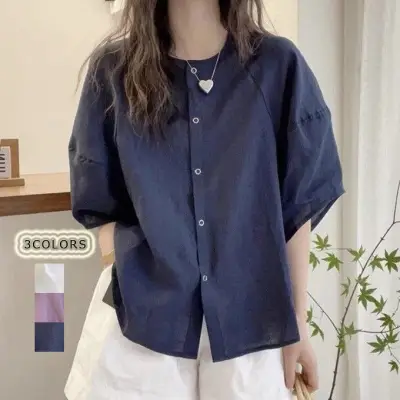 売り切れ必至ボタン無地ラウンドネック半袖シングルブレストファッションシャツホワイト白ネイビーコーディネートカジュアルファッション着回しootd夏コーデ夏服レディース20代30代40代50代