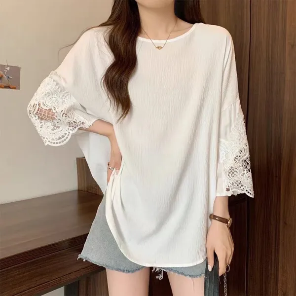人気を獲得♡ 無地 プルオーバー レース 七分袖 ラウンドネック ファッション Tシャツ