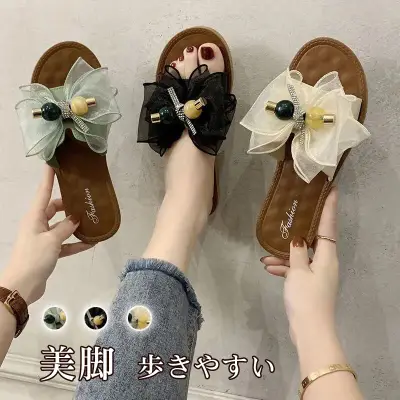 絶対可愛い スウィート リボン付き 花模様 美脚 フラットヒール サンダル 大人 ootd 夏コーデ 夏服 レディース ファッション 20代 30代 40代 50代 カジュアル コーディネート トレンド 着回し