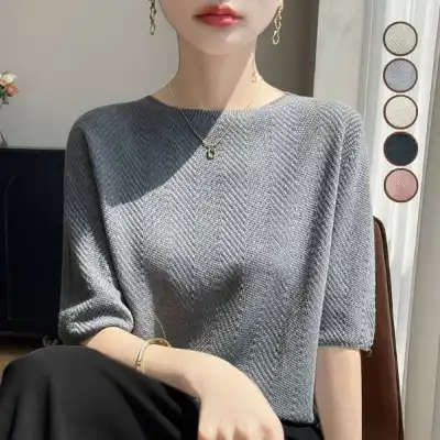 コーデの主役に！ ニット ラウンドネック 無地 プルオーバー 五分袖 シンプル ニット Ｔシャツ 大人 ootd 夏コーデ 夏服 レディース ファッション 20代 30代 40代 50代 カジュアル コーディネート トレンド 着回し