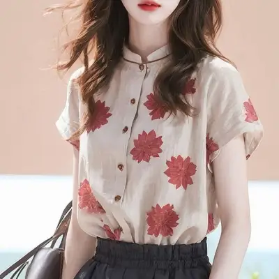 絶対可愛い エレガント 着痩せ効果 プリント 半袖 キュート シャツ 大人 ootd 夏コーデ 夏服 レディース ファッション 20代 30代 40代 50代 カジュアル コーディネート トレンド 着回し