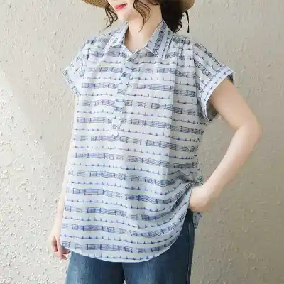 シャツ  ベージュ  プリント  ゆったり  プルオーバー  夏服  文芸  薄  レトロ  レディース