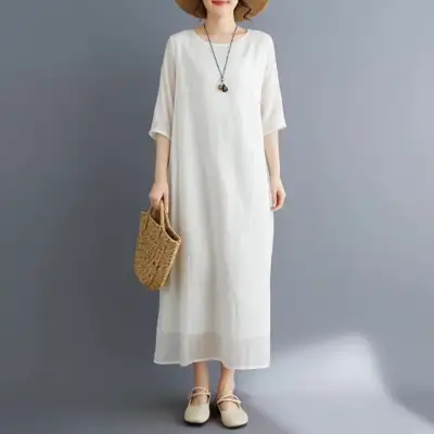 ワンピース  シルク  五分袖  シルク生地  ロング  クルーネック  夏服  着丈  普通  新作