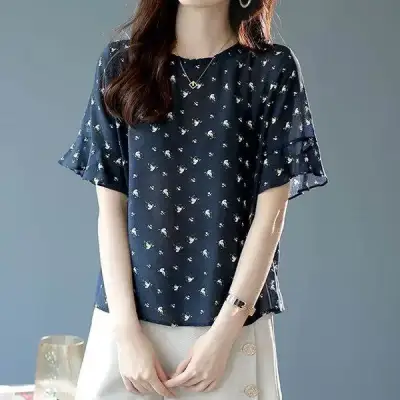 シフォン  ブラウス  半袖  スリムに見える  クルーネック  夏服  気質  新作  おしゃれ / ファッション  2025  洗練された