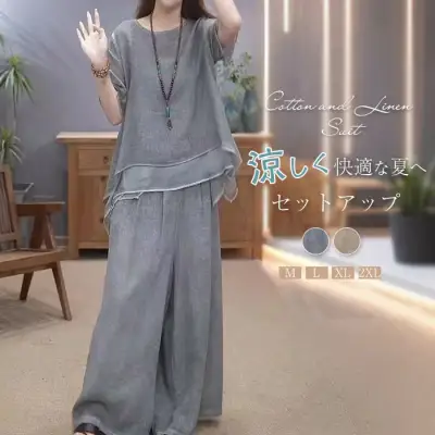 【単品注文】快適な肌触り 接触冷感 レディース ラウンドネック ゆるい レイヤード / 重ね着風 Ｔシャツ+体型カバーカジュアル パンツ 夏服 夏コーデ ファッション 今日のコーデ 大人コーデ レディース