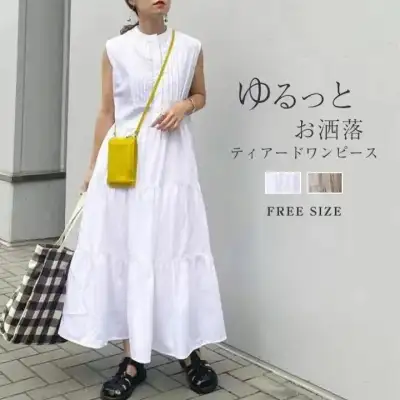 ノースリーブワンピース ティアード ワンピース レディース ノースリーブ 立ち襟 ギャザー ロングワンピース マキシ丈