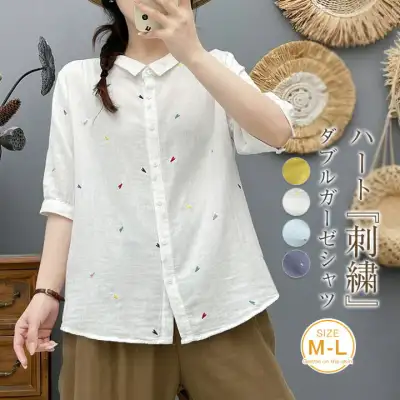 刺繍 ガーゼ シャツ 夏 レディース ガーゼシャツ 半袖 ダブルガーゼ レディースシャツ トップス 七分袖・五分袖 ゆったり ゆる 体型カバー ナチュラル 半袖シャツ ハート柄 刺繍