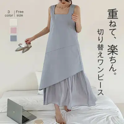 ワンピース レディース 春 夏 スクエアネック ワンピース ロングノースリーブ 切り替え ワンピース 無袖 重ね着 レイヤード 体型カバー お呼ばれ 可愛い 大きいサイズ おしゃれ ゆったり