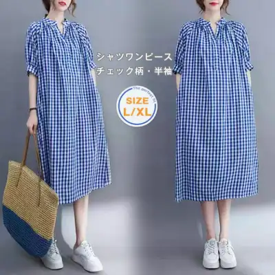 シャツワンピース 綿 チェック ワンピース レディース 春 夏 立ち襟 スキッパー パフスリーブ ワンピ スリット ポケット付き タック 半袖 ブルー Aライン チェックワンピース ゆったり