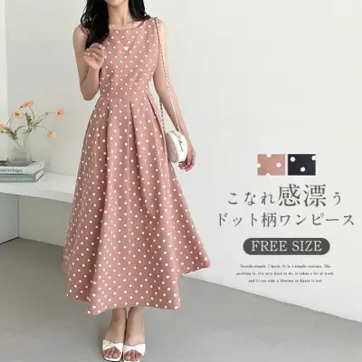 ワンピース 春 夏 レディース ノースリーブ ロング丈 きれいめ ドット柄 ワンピース フェミニン 水玉柄 夏 ワンピ  ワンピース Aライン 大人かわいい お洒落 着痩せ シンプル