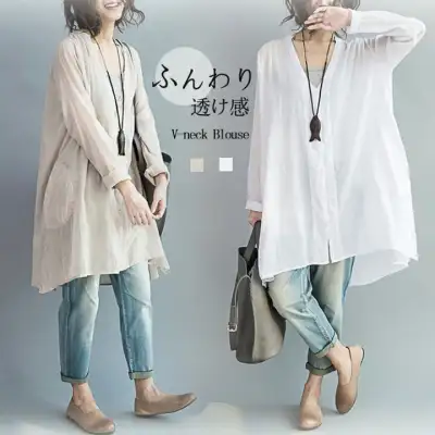 体型カバー力抜群ロングシャツ リネン風シャツ 白シャツ UVカット 紫外線対策 冷房対策 白 ベージュ 20代 30代 40代