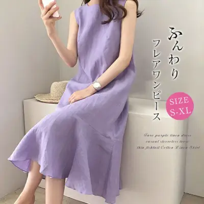 ワンピース  カジュアル  ベージュ  コットン  ノースリーブ  スリムに見える  ゆったり  綿麻  なし  リネン  新作
