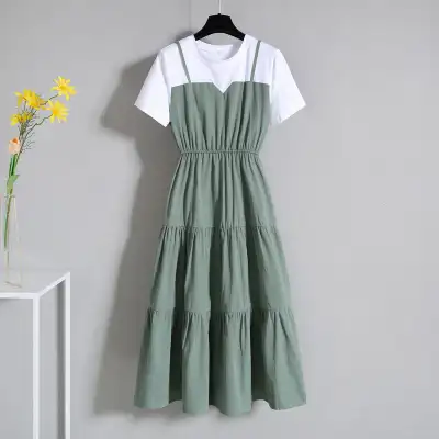 ワンピース  キャミソール  半袖  スリムに見える  ロング  夏服  普通  フェイクレイヤード  おしゃれ / ファッション  レディース  大きめサイズ
