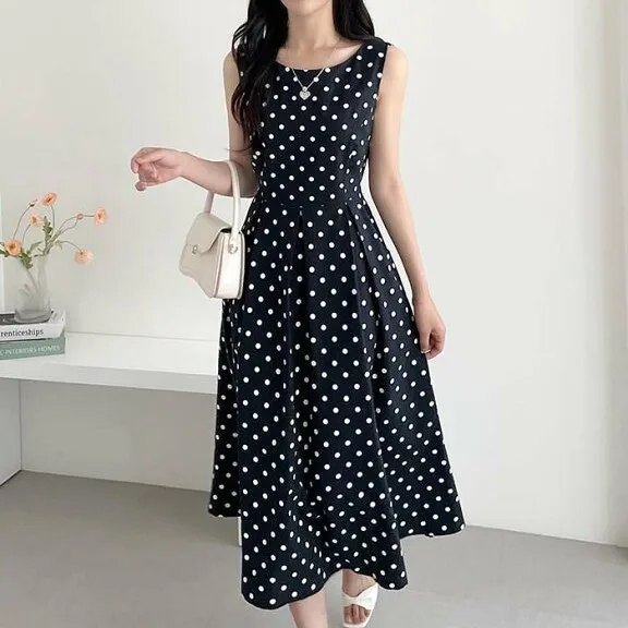 ワンピース 春 夏 レディース ノースリーブ ロング丈 きれいめ ドット柄 ワンピース フェミニン 水玉柄 夏 ワンピ  ワンピース Aライン 大人かわいい お洒落 着痩せ シンプル