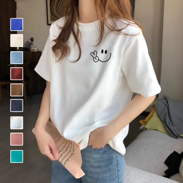 レッド女性に大人気カートゥーン半袖プリントプルオーバーラウンドネックカジュアルTシャツホワイト白ブルー青ピンクグリーンレッドコーディネートカジュアルファッション着回しootd夏コーデ夏服レディース20代30代40代50代