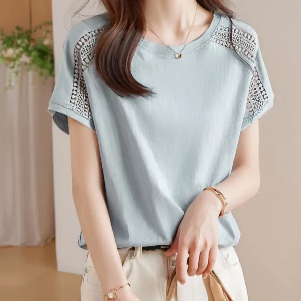 大人可愛い ラウンドネック 半袖 無地 透かし編み クローズドバック シンプル Tシャツ 大人 ootd 夏コーデ 夏服 レディース ファッション 20代 30代 40代 50代 カジュアル コーディネート トレンド 着回し