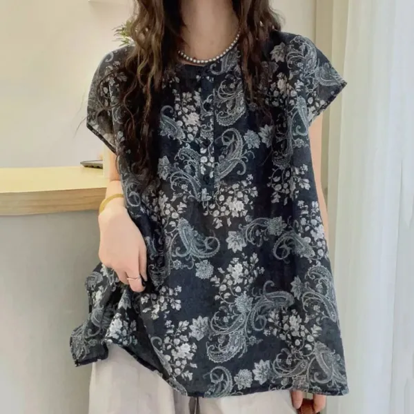 大流行新作 半袖 ラウンドネック シフォン 花柄 プリント ファッション シャツ 大人 ootd 夏コーデ 夏服 レディース ファッション 20代 30代 40代 50代 カジュアル コーディネート トレンド 着回し