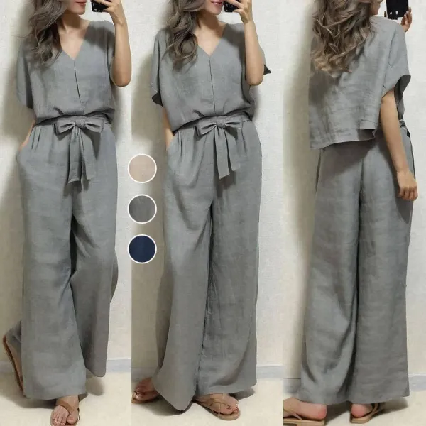 人気商品再入荷シンプルVネック半袖Ｔシャツガウチョパンツボウタイポケット付き2点セットグレーコーディネートカジュアルファッション着回しootd夏コーデ夏服レディース20代30代40代50代