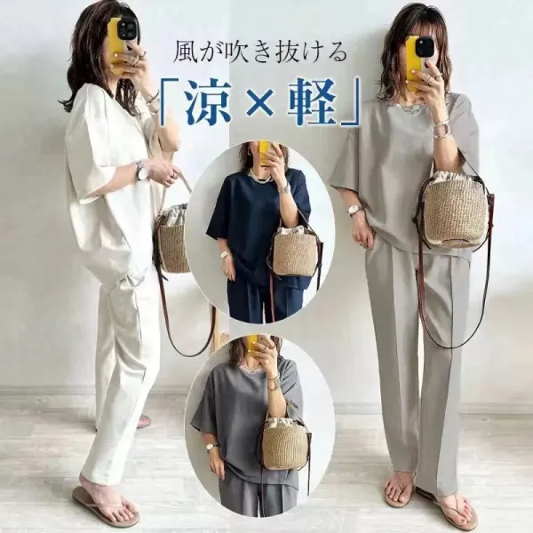 今だけ!期間限定【2点SET】マストバイ！体型カバー ゆる感Tシャツ+ ハイウエストパンツ 美脚見えセットアップ