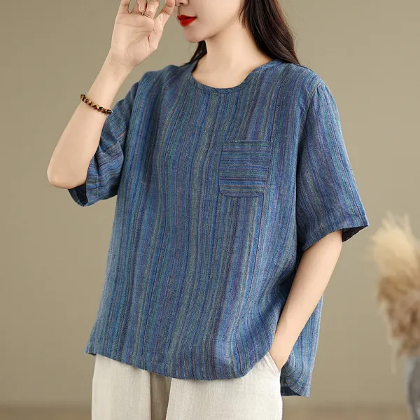 Tシャツ  シャツ  ストライプ柄  カジュアル  半袖  プルオーバー  夏服  文芸  気質  レトロ  レディース  トップス