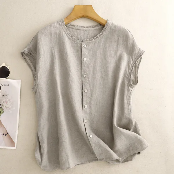 Tシャツ  ベージュ  コットン  ノースリーブ  スリムに見える  ゆったり  夏服  綿麻  文芸  なし  レトロ  流行  レディース