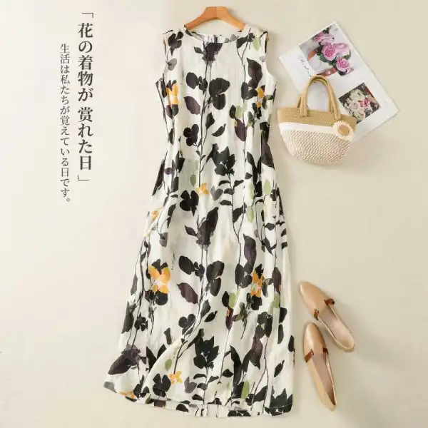 ワンピース  ベージュ  タンクトップ  コットン  ノースリーブ  スリムに見える  ゆったり  クルーネック  夏服  通勤/OL  綿麻  文芸  なし  新作  レディース