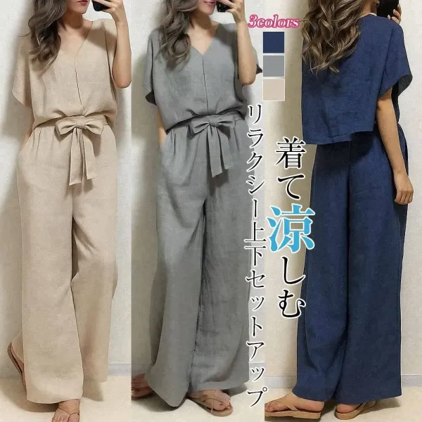 人気商品再入荷シンプルVネック半袖Ｔシャツガウチョパンツボウタイポケット付き2点セットグレーコーディネートカジュアルファッション着回しootd夏コーデ夏服レディース20代30代40代50代