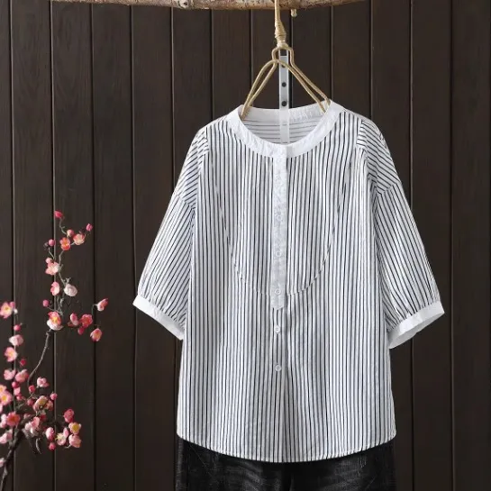 シャツ  シングルブレスト  ストライプ柄  半袖  スリムに見える  ゆったり  夏服  新作  レディース  洗練された