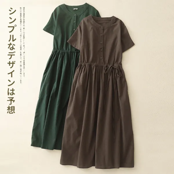 無地  ワンピース  半袖  ゆったり  クルーネック  夏服  文芸  普通  新作  レディース  ミディ丈 / ミディアム丈