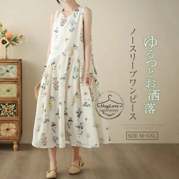 ワンピース 花柄 着痩せ 体型カバー OL ノースリーブワンピース 大きいサイズ カジュアル かわいい