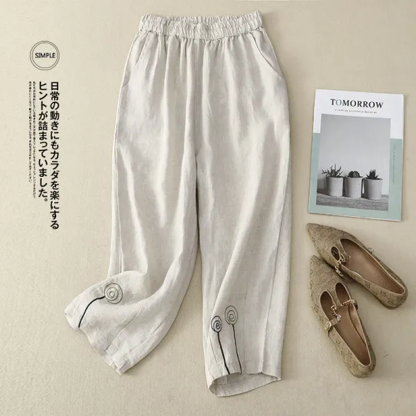 無地  刺繍  テーパードパンツ  カジュアル  ベージュ  カジュアルパンツ  コットン  ゆったり  ウエストゴム  夏服  綿麻  文芸  新作  レディース