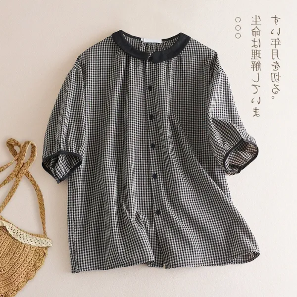 シャツ  ベージュ  コットン  半袖  ゆったり  夏服  森ガール  ラウンドカラー  綿麻  文芸  若く見え  文芸スタイル  日本風  レディース