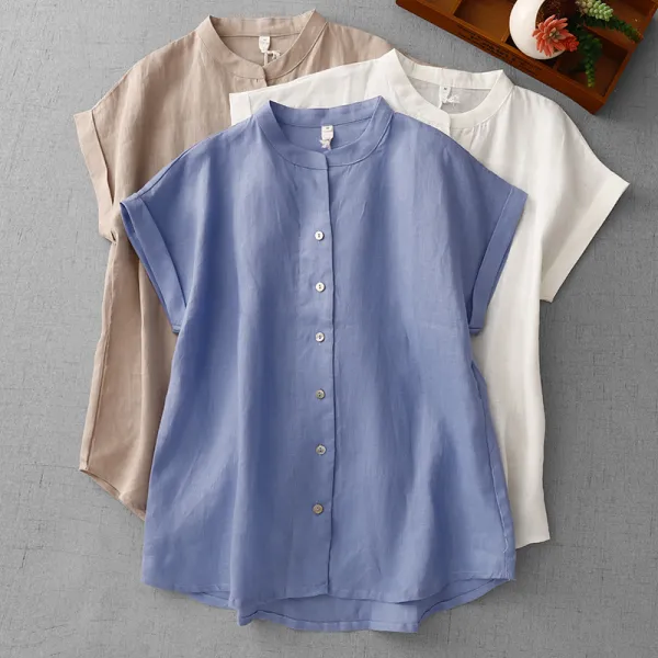 シャツ  半袖  ノースリーブ  ゆったり  スタンドネック  夏服  文芸  なし  レトロ  フレンチスタイル  レディース