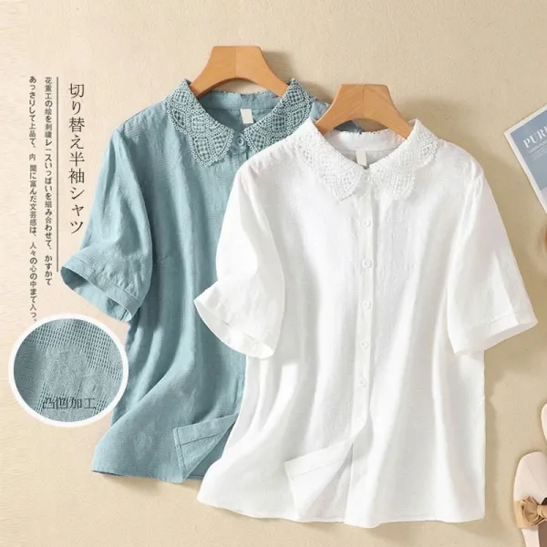 シャツ  ベージュ  コットン  スリムに見える  ゆったり  夏服  綿麻  ジャカード  新作  刺繍  レディース  洗練された