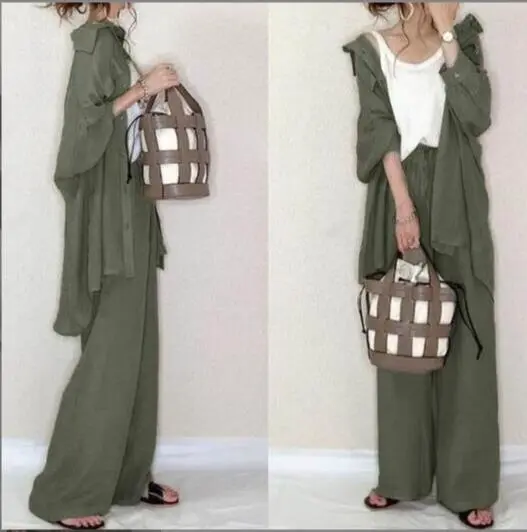 人気商品シンプル無地長袖シャツとゆったり着やせパンツ２点セットアップ