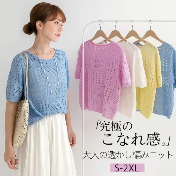 毎日参考になる！ ラウンドネック 半袖 透かし編み プルオーバー 無地 シンプル Tシャツ