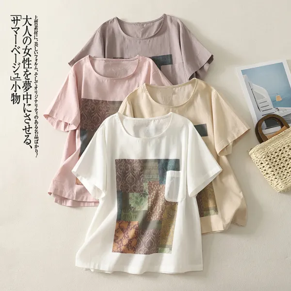 人気を獲得♡ ラウンドネック プリント プルオーバー 半袖 ポケット付き カジュアル Tシャツ