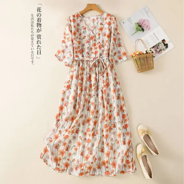 新発売！ 五分袖 Aライン 花柄 ボウタイ プリント ファッション ワンピース