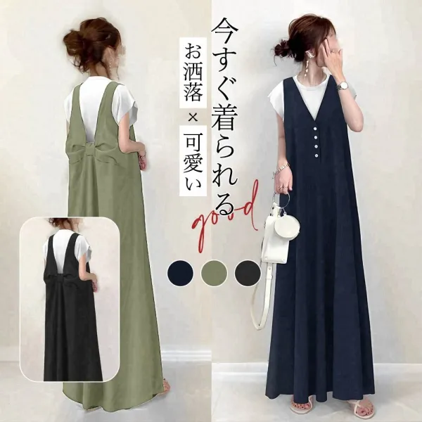 【再入荷】【トレンド最前線】シンプルカジュアルナチュラルギャザーVネック無地キャミワンピース